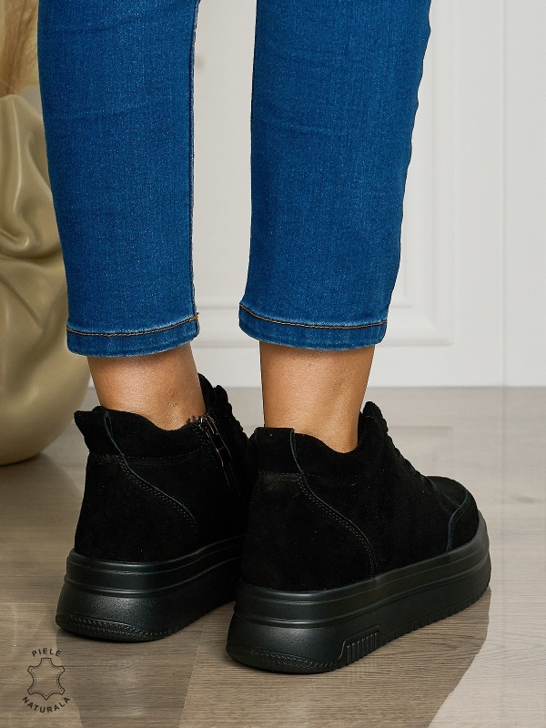 Ghete casual din piele naturală cu talpa solida CRL1510 NEGRU - Img 3