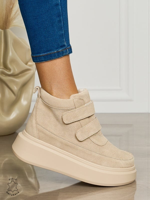 Ghete casual din piele naturală intoarsa cu talpa solida Velcro si fermoar CRL1512 BEJ SUEDE - Img 2