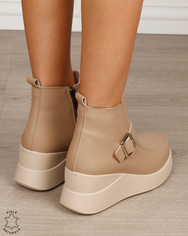 Ghete damă din piele naturală cu baretă cataramă și talpă înaltă CRL1889 KHAKI - Img 3