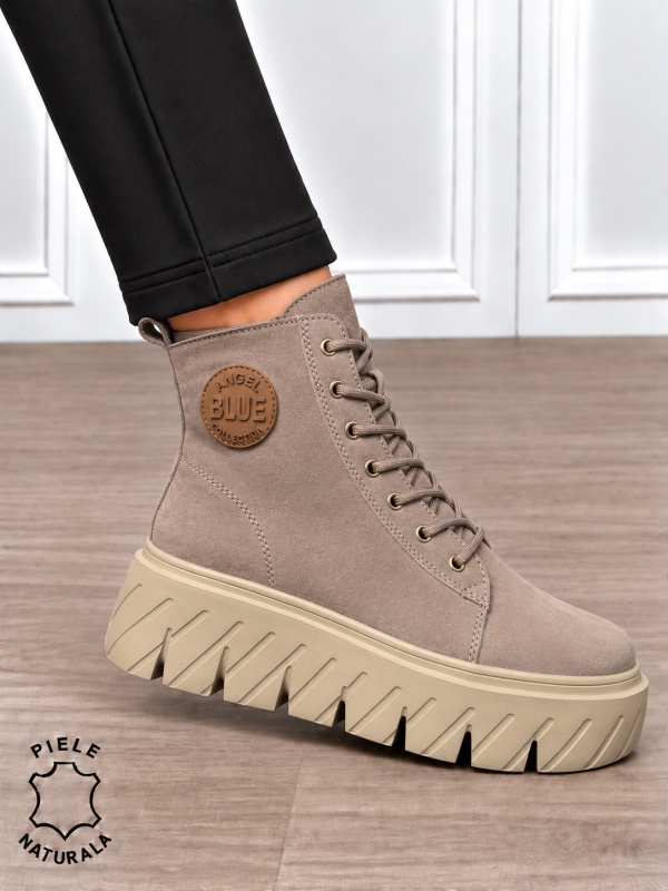 Ghete damă din piele naturală intoarsa cu talpă înaltă CRL1871 KHAKI - Img 2