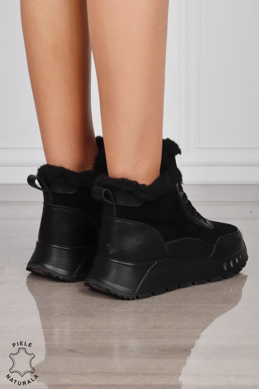 GHETE DAMA scurte din PIELE Naturala Combinata cu Piele intoarsa CRL1528 Negru - Img 3