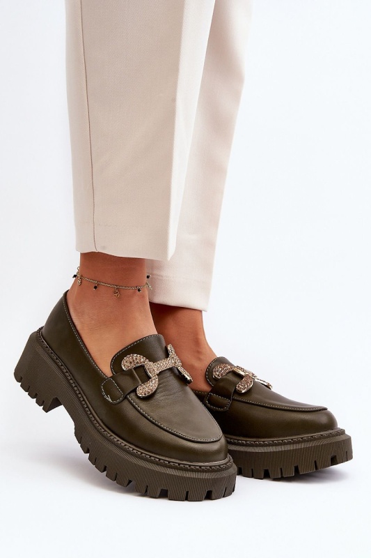 Mocasini DAMA din PIELE ECOLOGICA CU DETALIU AURIU CRL0975 CULOARE: Verde inchis - Img 2