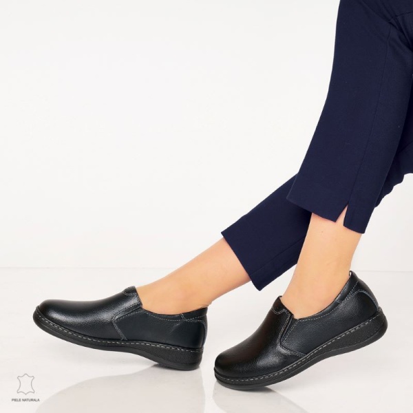Mocasini dama din piele naturala cu talpa plata CRL0014 NEGRU - Img 4