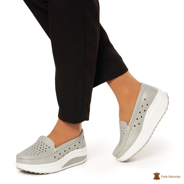 Mocasini Dama Piele Naturala perforati cu talpa groasa CRL0079 GRI - Img 3