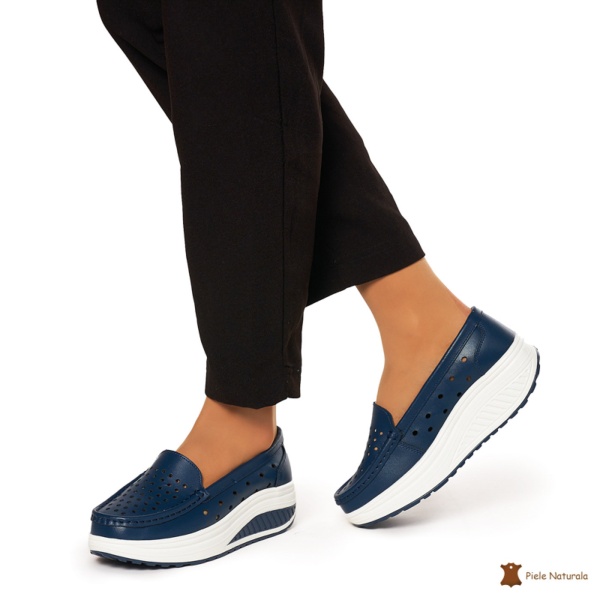 Mocasini Dama Piele Naturala perforati cu talpa groasa CRL0079 NAVY - Img 3