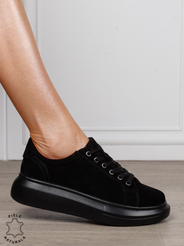 Pantofi Casual Damă din Piele Întoarsă Naturală cu Șiret CRL1802 NEGRU SUEDE - Img 2