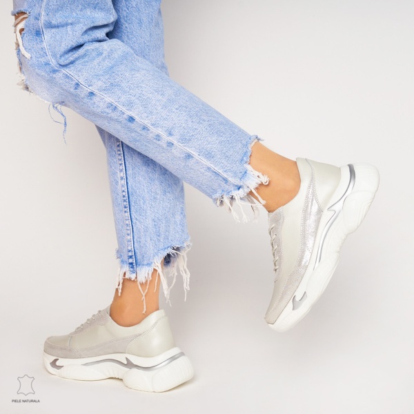 Pantofi Casual dama din Piele naturala cu talpa groasa CRL0037 ARGINTIU - Img 3