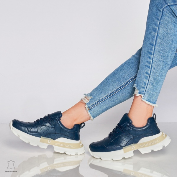 Pantofi Casual dama din Piele naturala cu talpa groasa CRL0046 Bleumarin - Img 2