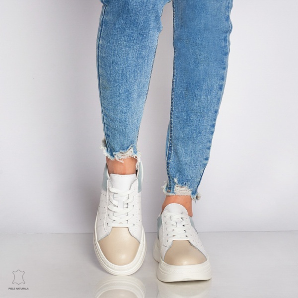 Pantofi Casual dama din Piele naturala cu talpa groasa Multicolor CRL0040ALB CU ALBASTRU - Img 2