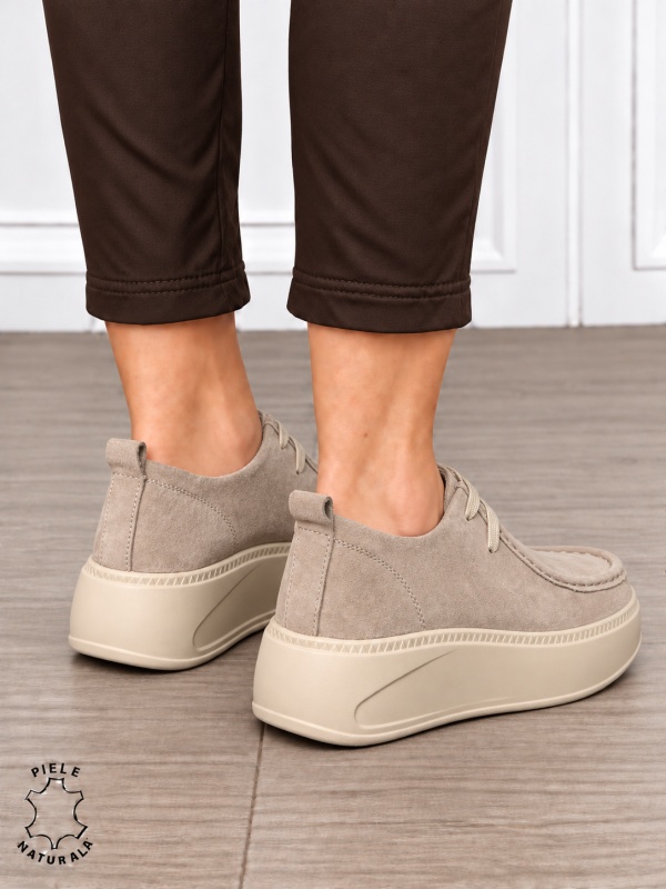 Pantofi casual damă din piele naturală întoarsă cu talpa confortabilă CRL1917 BEJ - Img 3