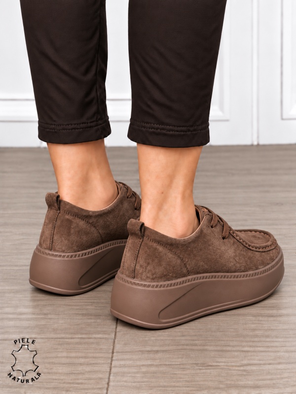 Pantofi casual damă din piele naturală întoarsă cu talpa confortabilă CRL1917 CAFENIU - Img 3