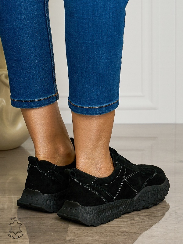 Pantofi CASUAL dama din piele naturala INTOARSA de tip Slip-on CRL1458 NEGRU SUEDE - Img 3