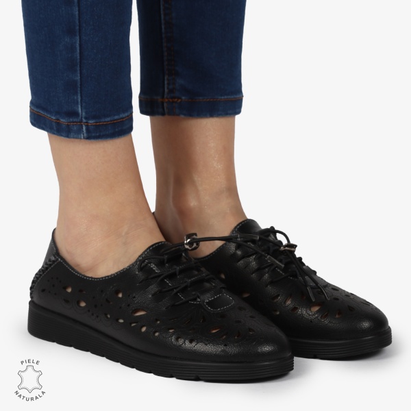 PANTOFI CASUAL dama din Piele naturala PERFORATA CU MODEL CRL1356 NEGRU - Img 2