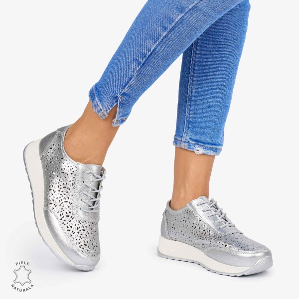 Pantofi casual dama din Piele Naturala Perforati cu model CRL0714 ARGINTIU - Img 2