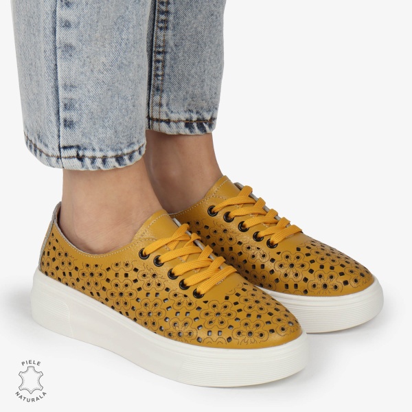 Pantofi Casual dama din Piele naturala PERFORATI USORI CU SIRET CRL1341 MUSTAR - Img 3