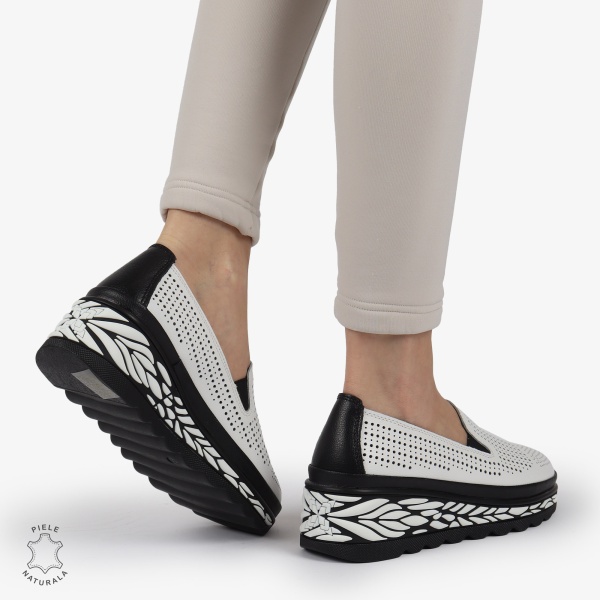 Pantofi Casual dama PERFORATI din Piele naturala CU DESIGN PE TALPA SLIP-ON CRL1337 ALB - Img 3
