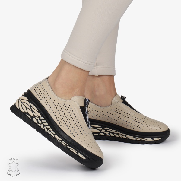 Pantofi Casual dama PERFORATI din Piele naturala CU DESIGN PE TALPA SLIP-ON CRL1338 BEJ - Img 2