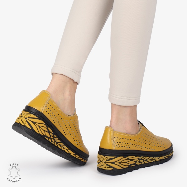 Pantofi Casual dama PERFORATI din Piele naturala CU DESIGN PE TALPA SLIP-ON CRL1338 MUSTAR - Img 3