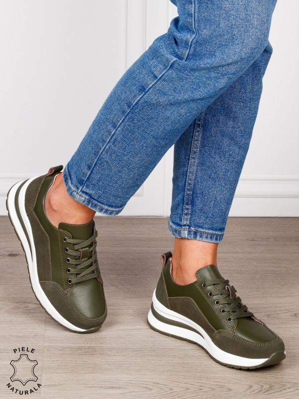 PANTOFI CASUAL Dama Piele Naturala cu siret CRL1593 VERDE INCHIS - Img 3