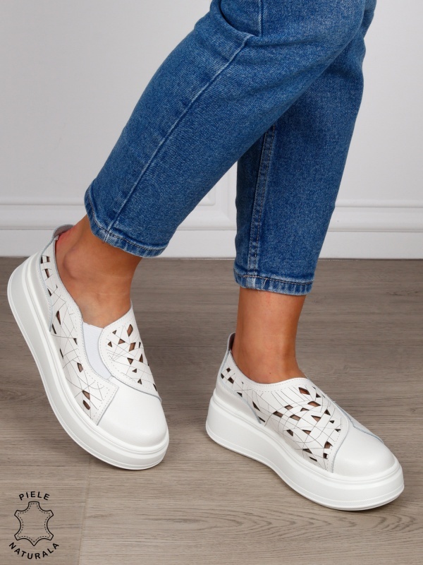 PANTOFI CASUAL Dama Piele Naturala Perforat Slip-on CRL1594 ALB - Img 3