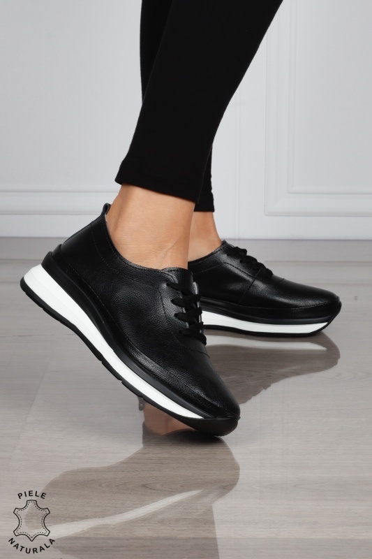 PANTOFI CASUAL Dama Piele Naturala USOR INALTA CRL1051 Culoare: NEGRUCUALB - Img 2
