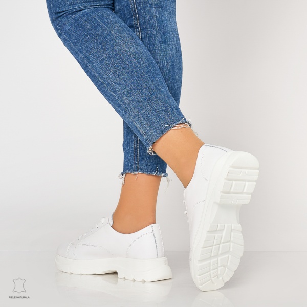 Pantofi casual de dama din piele naturala cu talpa aderenta CRL0010 Alb - Img 3