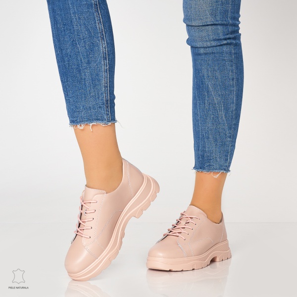 Pantofi casual de dama din piele naturala cu talpa aderenta CRL0010 Roz - Img 2