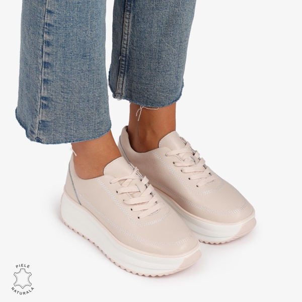 Pantofi Casual de dama din Piele Naturala cu talpa Inalta CRL1201 Roz - Img 2