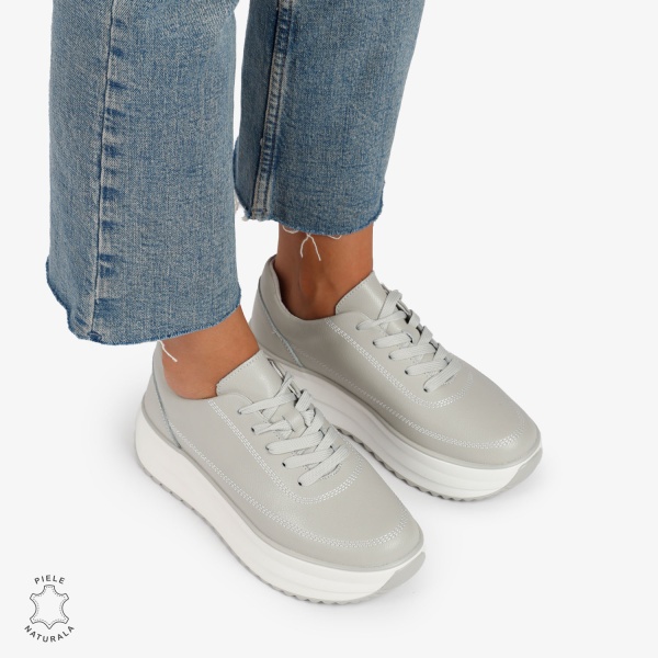 Pantofi Casual de dama din Piele Naturala cu talpa Inalta CRL1201Gri - Img 2