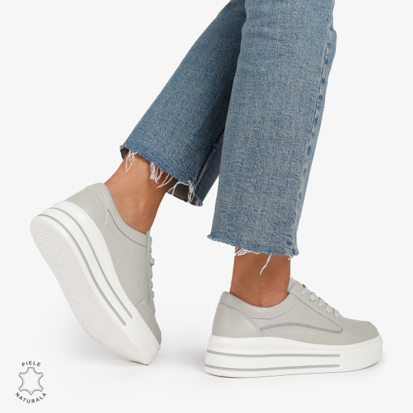 Pantofi Casual de dama din Piele Naturala cu talpa inalta si Dungi CRL1203 GRI - Img 4