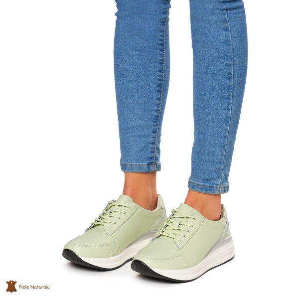 Pantofi casual de dama din piele naturala cu talpa plata CRL0019 verde - Img 3