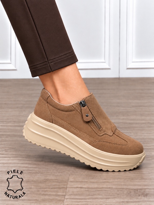 Pantofi casual din piele naturală întoarsă cu inchidere fermoar CRL1919 KHAKI - Img 2