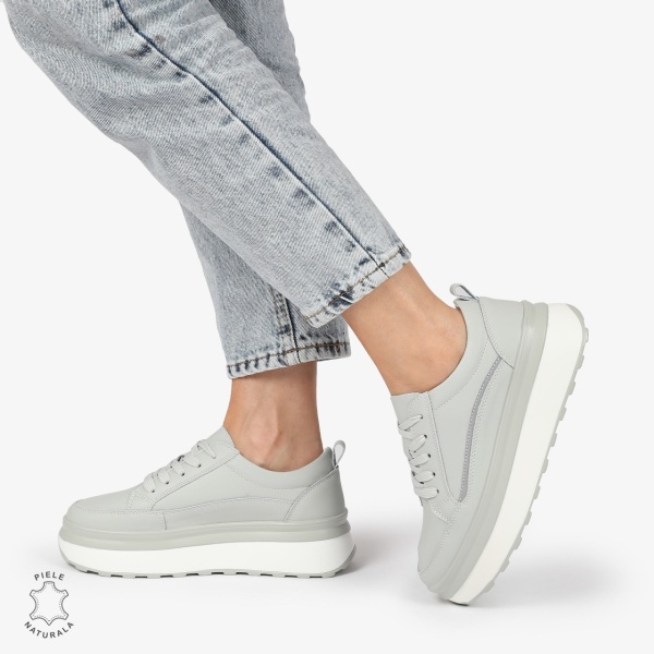 Pantofi CASUAL PIELE NATURALA dunga decorativa cu talpa inalta CRL1261 Gri - Img 2