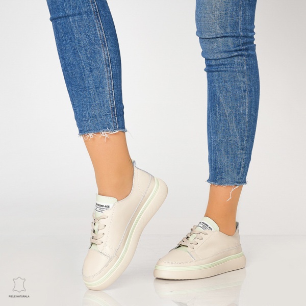 Pantofi casual trendy de dama din piele naturala Multicolor CRL0007 Bej - Img 2