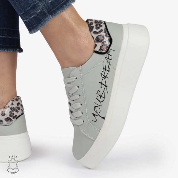 Pantofi DAMA CASUAL din piele naturală CU DETALIU SCRIS CRL1379 GRI - Img 2