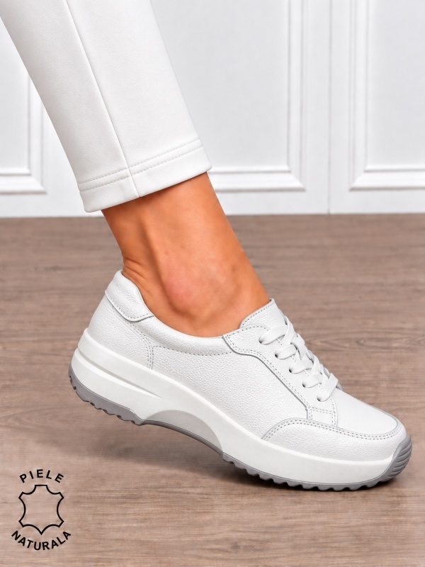 Pantofi damă din piele naturală cu șiret CRL1860 ALB - Img 2