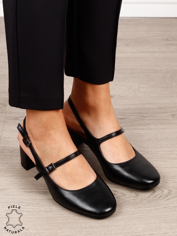 Pantofi dama eleganti cu toc gros si inchidere dubla CRL1608 Negru - Img 2