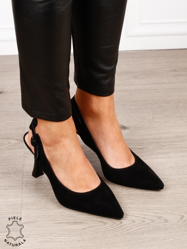 Pantofi dama eleganti cu toc subtire si varf ascutit din piele naturala intoarsa CRL1610 NEGRU - Img 3
