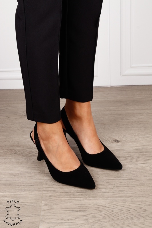 Pantofi dama eleganti cu toc subtire si varf ascutit din piele naturala intoarsa CRL1612 NEGRU - Img 4