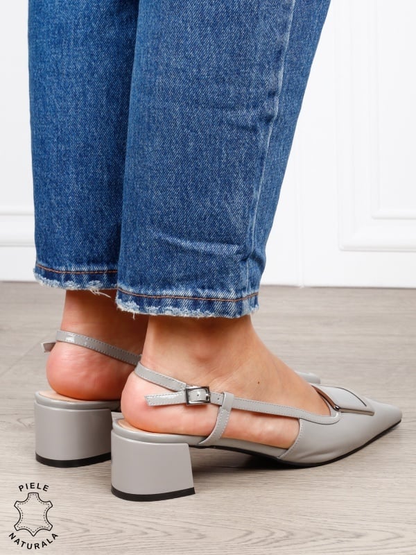 Pantofi dama eleganti din piele naturala cu toc gros mic CRL1615 Gri - Img 4