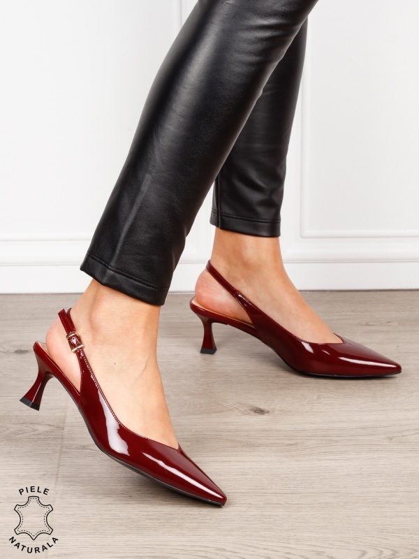 Pantofi dama eleganti din piele naturala cu toc subtire si varf ascutit CRL1617 BORDO - Img 2