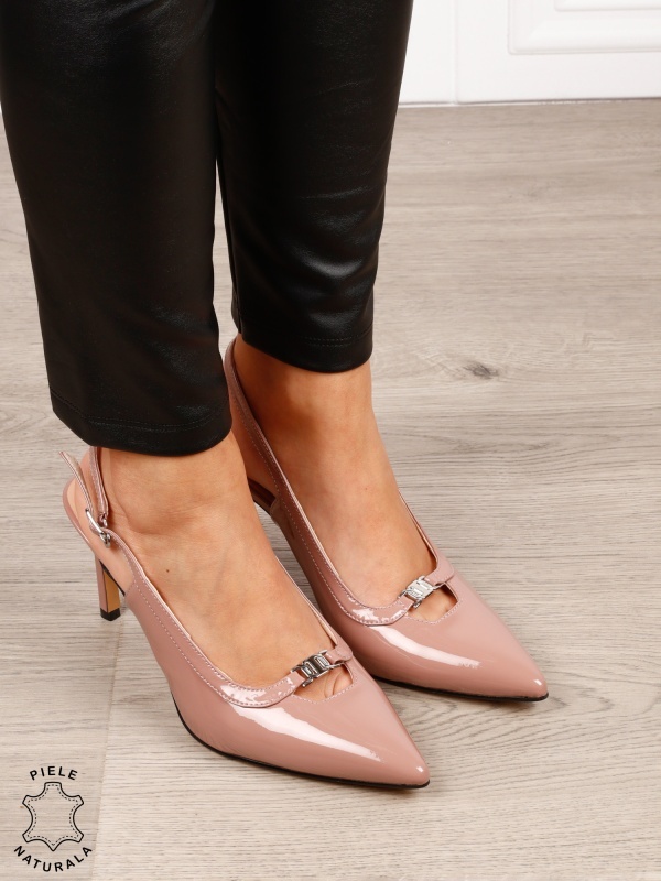 Pantofi dama eleganti din piele naturala Lacuita cu toc subtire clasic CRL1635 ROZ - Img 3
