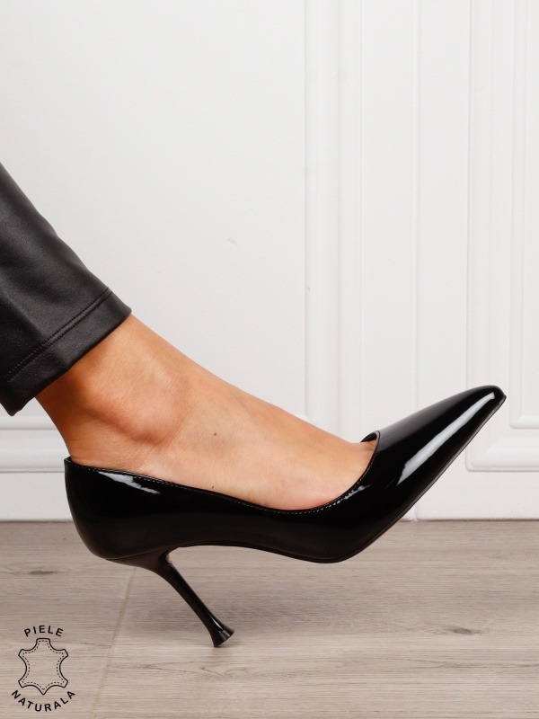 Pantofi dama eleganti din piele naturala Lacuita cu toc subtire clasic CRL1636 NEGRU - Img 2