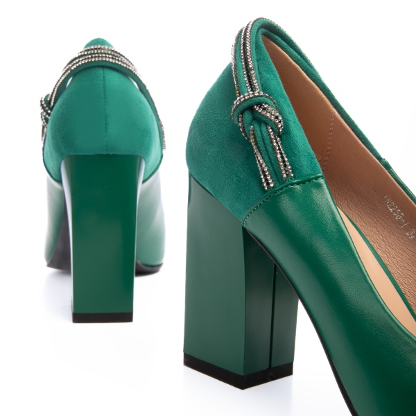 Pantofi Eleganti din Piele Ecologica cu toc Gros CRL0730 Verde - Img 4