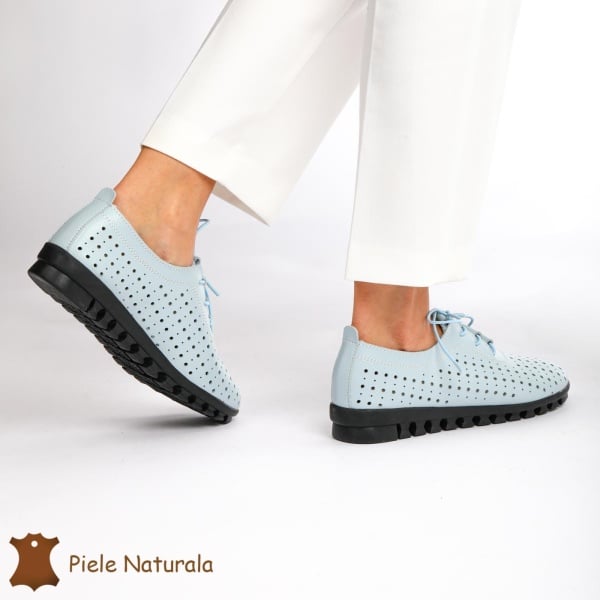 Pantofi Perforati dama din Piele Naturala cu mici perforatii CRL0188 ALBASTRU - Img 4
