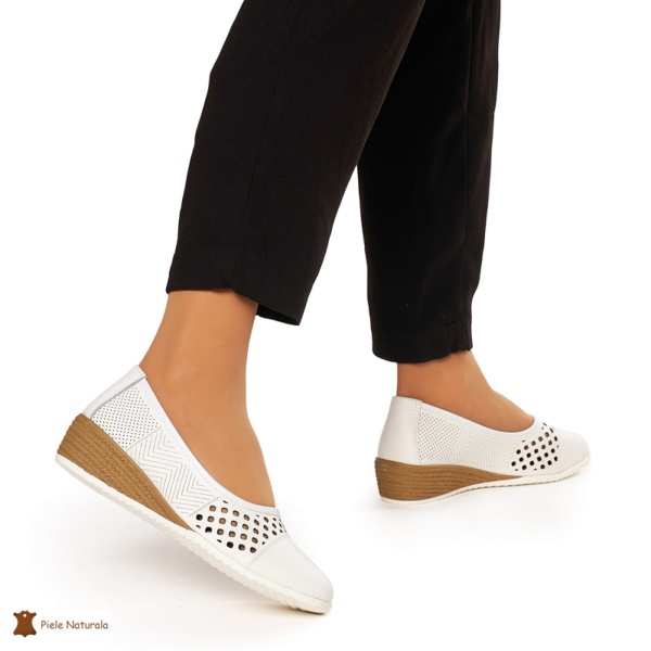 Pantofi Perforati Dama Piele Naturala Slip-on CRL0077 ALB - Img 3