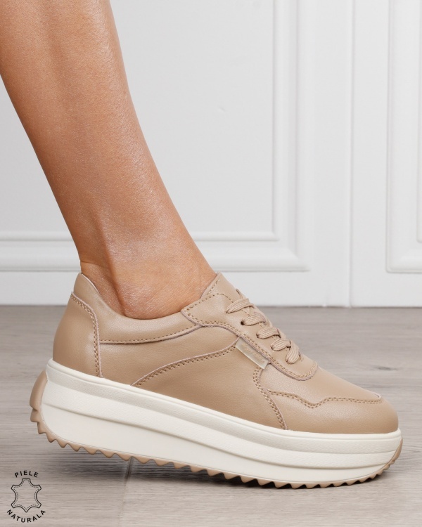 Pantofi sport damă din piele naturală cu talpă înaltă și design modern CRL1881 KHAKI - Img 2