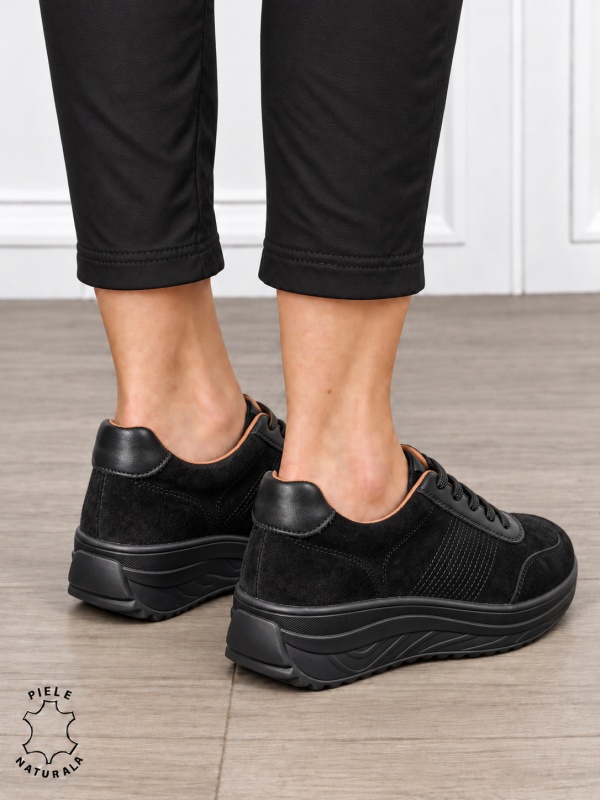 Pantofi sport damă din piele naturală întoarsă cu design casual CRL1894 NEGRU - Img 3