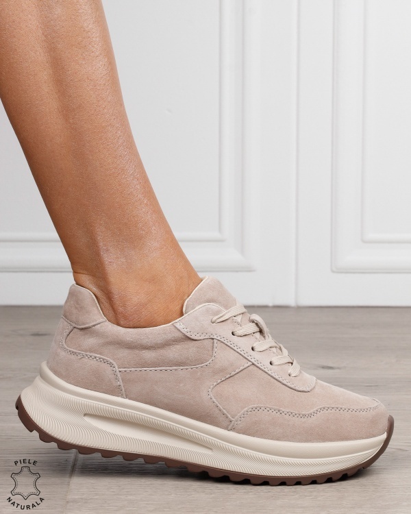 Pantofi sport damă din piele naturală Intoarsa cu talpă înaltă CRL1864 BEJ - Img 2
