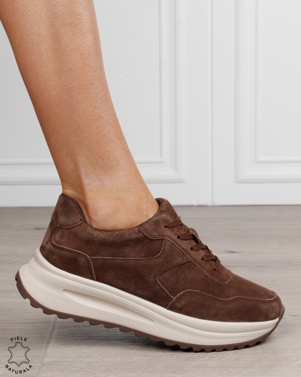 Pantofi sport damă din piele naturală Intoarsa cu talpă înaltă CRL1864 Cafeniu - Img 2